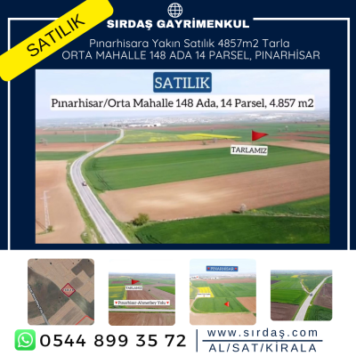 Sırdaş Gayrimenkulden Pınarhisara Yakın Satılık 4857m2 Tarla ORTA MAHALLE 148 ADA 14 PARSEL, PINARHİSAR