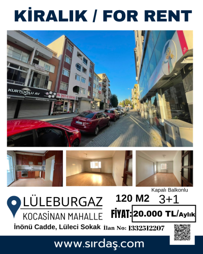 Lüleburgaz'da Çarşıya Yakın Konumda Kiralık 3+1 Ara Kat Daire