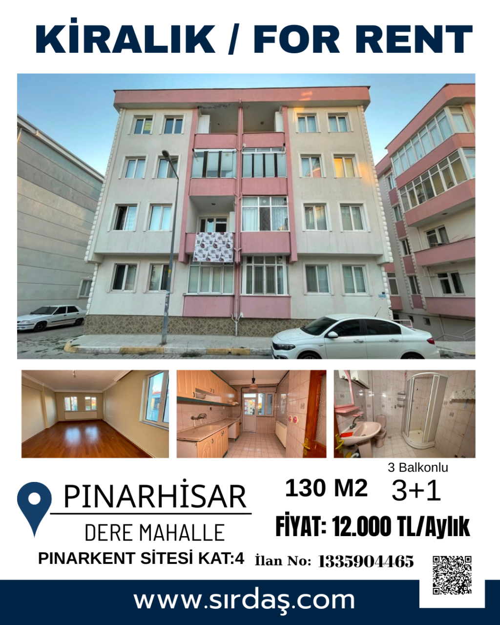 Pınarhisar Çarşıda Kiralık 3+1 Daire