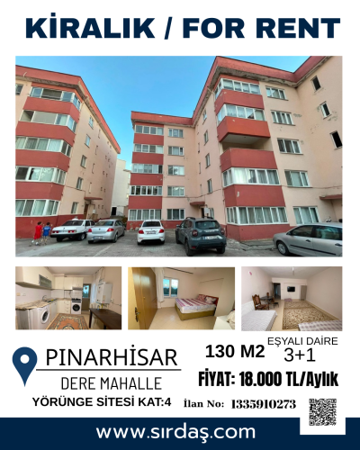 Pınarhisar'da Merkezi Konumda Kiralık Eşyalı 3+1 Daire