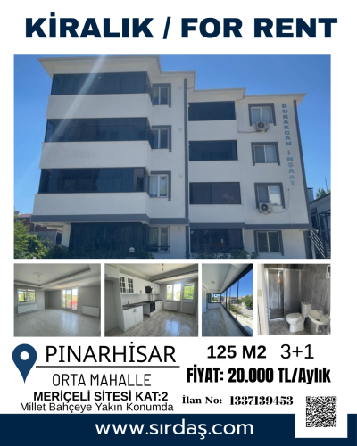 Pınarhisar'da Millet Bahçeye Yakın Konumda Kiralık 3+1 Daire