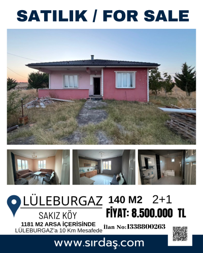 Lüleburgaz Sakızköy'de Satılık Bahçeli Müstakil ev 1181m2