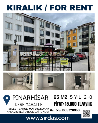 Pınarhisar'da Millet Bahçe Yanında Kiralık Kullanışlı 2+0 Daire