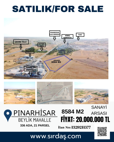 Pınarhisar'da Sanayi İmarlı Bölgede Satılık Arsa